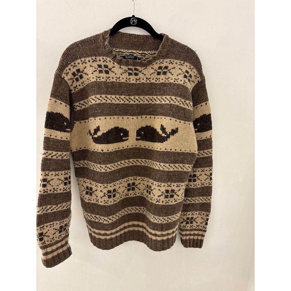Vintage Ralph Lauren Whale Hand Knit Sweater Brown Silk Wool Mens L 90s Nautical
